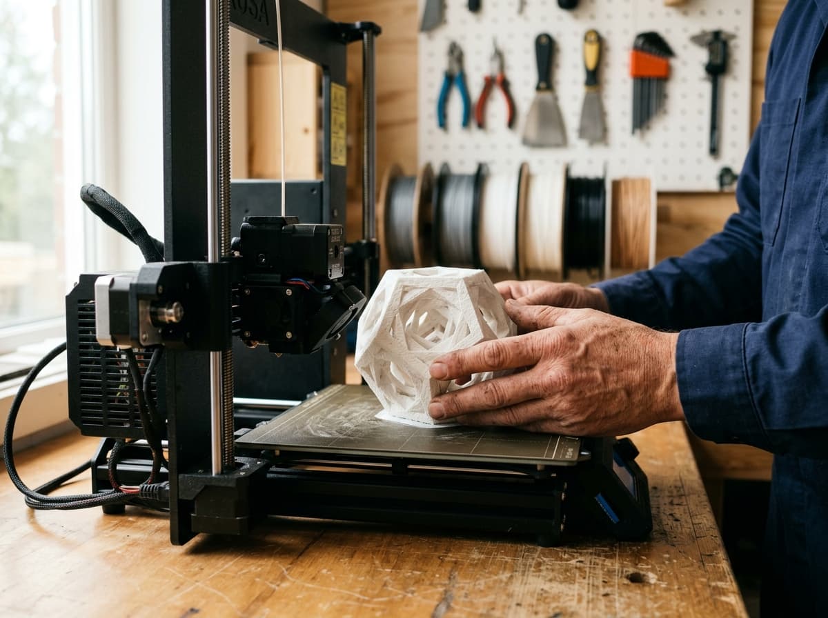 Craftsman hands inspecting a freshly 3D printed piece on a workshop build plate
